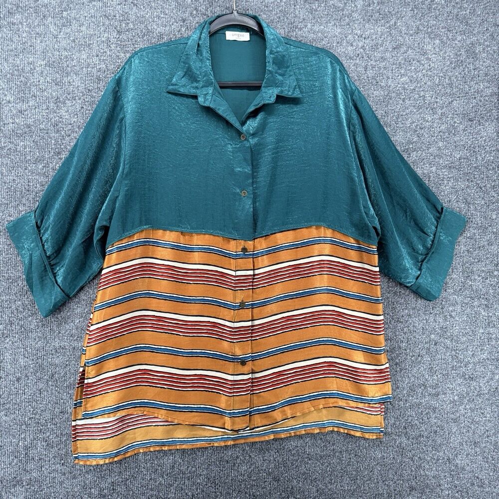 UMGEE Blouse Top Size M Green Striped‎ Button Up Tunic Lightweight Casual Ladies